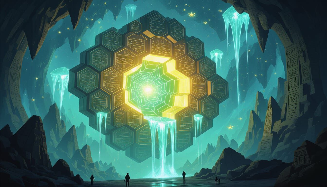 Giant Crystal Hive with Neon Rivers in Surreal Style