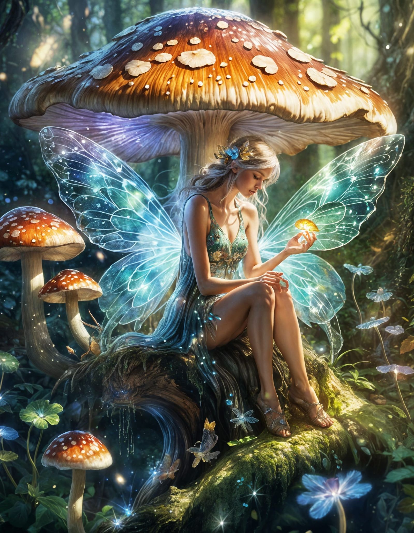 Whimsical Fairy Sipping Nectar in Enchanted Forest