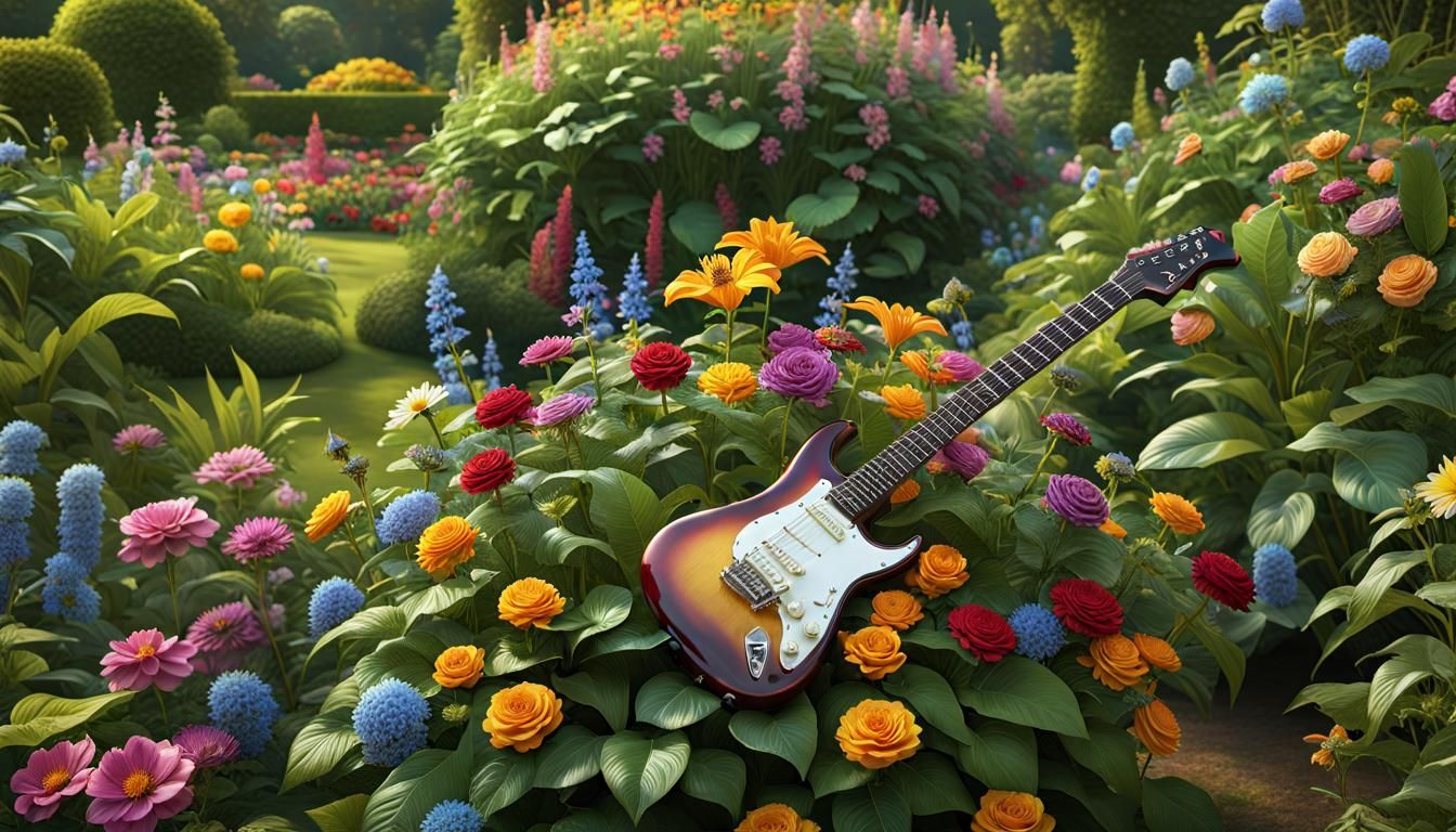 Electric Guitar in Hyperrealistic English Garden