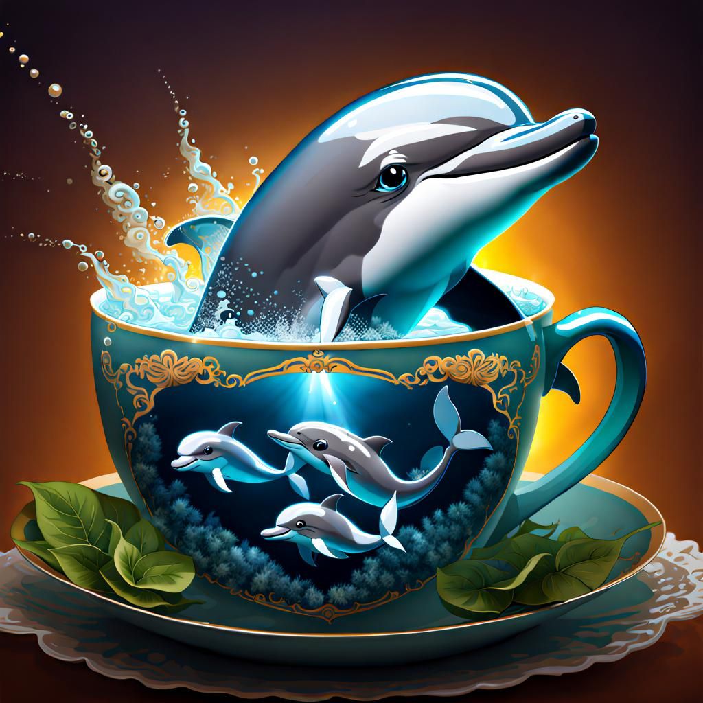 Cute Baby Dolphin in Teacup with Holy Aura
