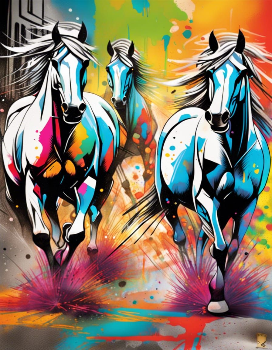 Graffiti art of horses runing