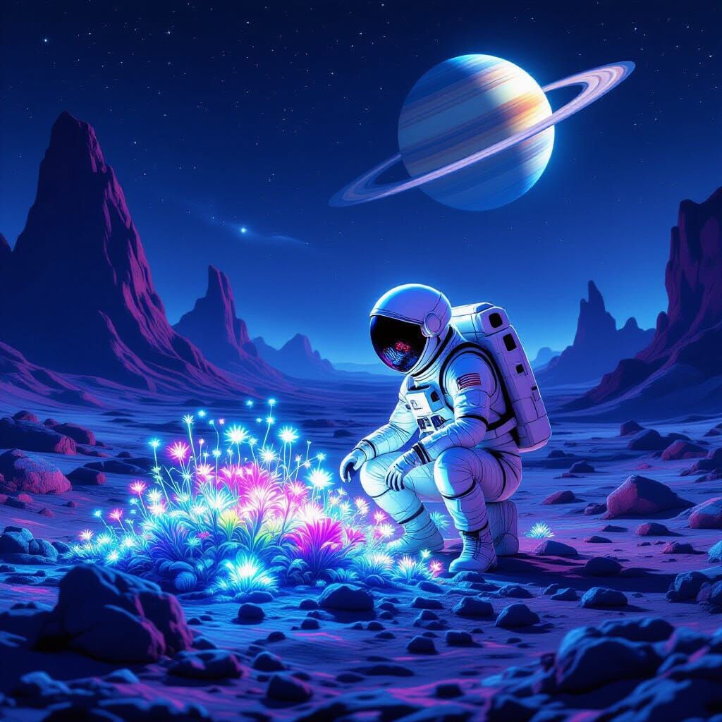 Astronaut Tends Alien Garden Under Ringed Planet Sky