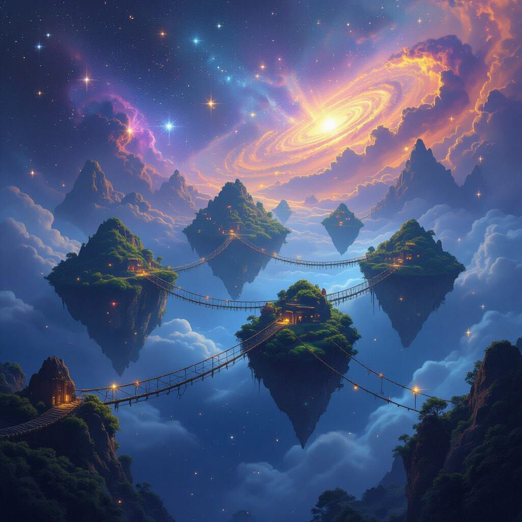 Floating Islands in Cosmic Nebula, Connected by Rope Bridges