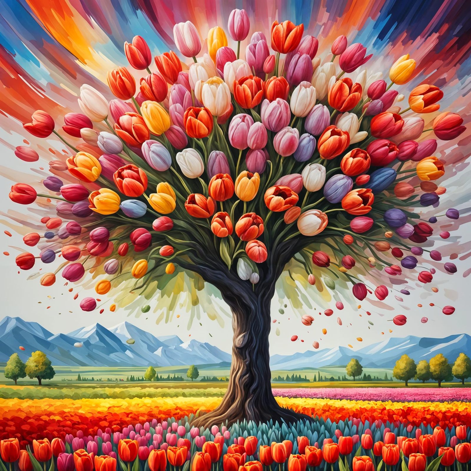 Colorful Tulip Field with Tree: Hyperrealistic Splash Art