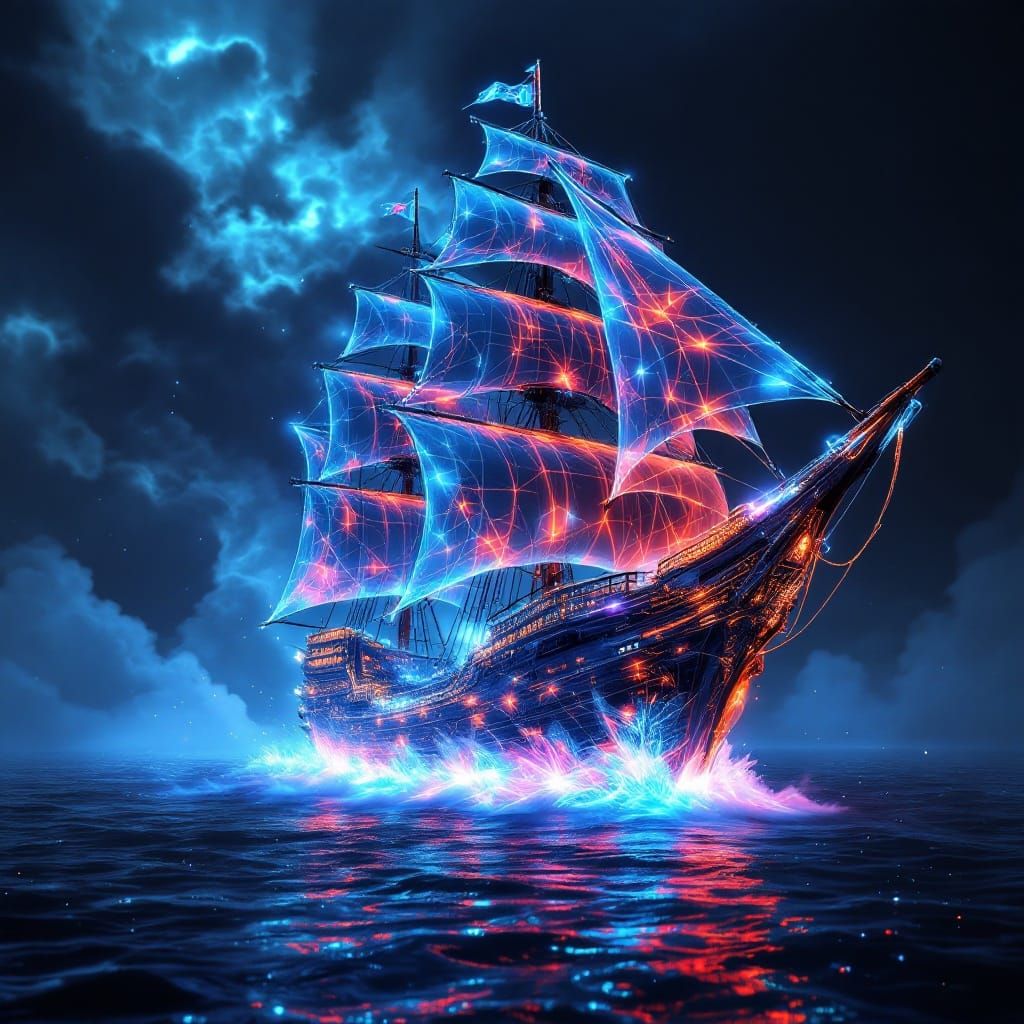 Ethereal Holographic Pirate Ship in Vibrant Prismatic Light
