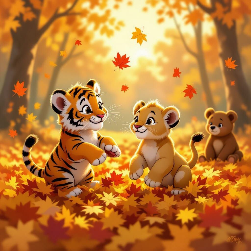 Playful Tiger and Lion Cubs in Autumn Sunset