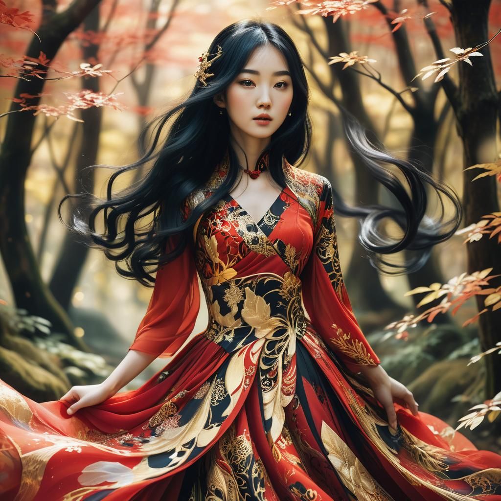 Elegant Korean Woman in Lush Forest, Anime-Inspired Portrait