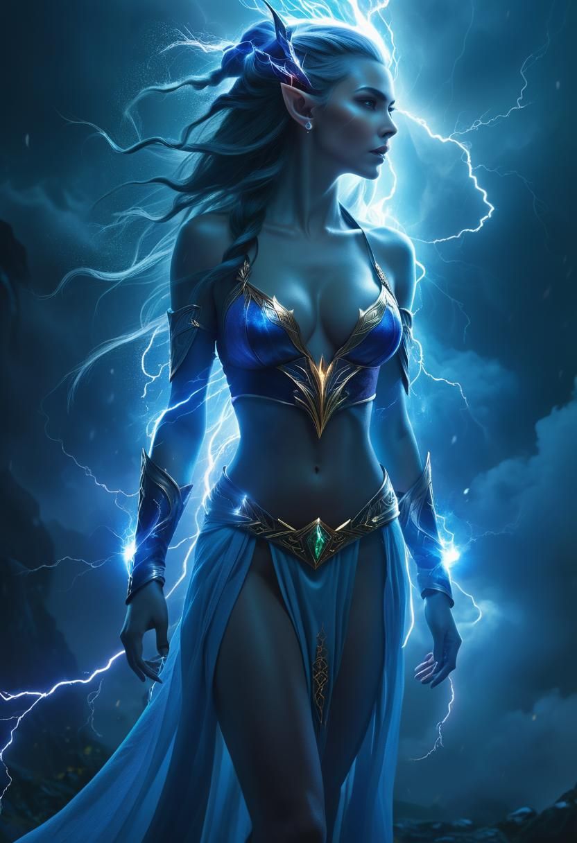 Elven Mage Casts Lightning Spell: Digital Illustration