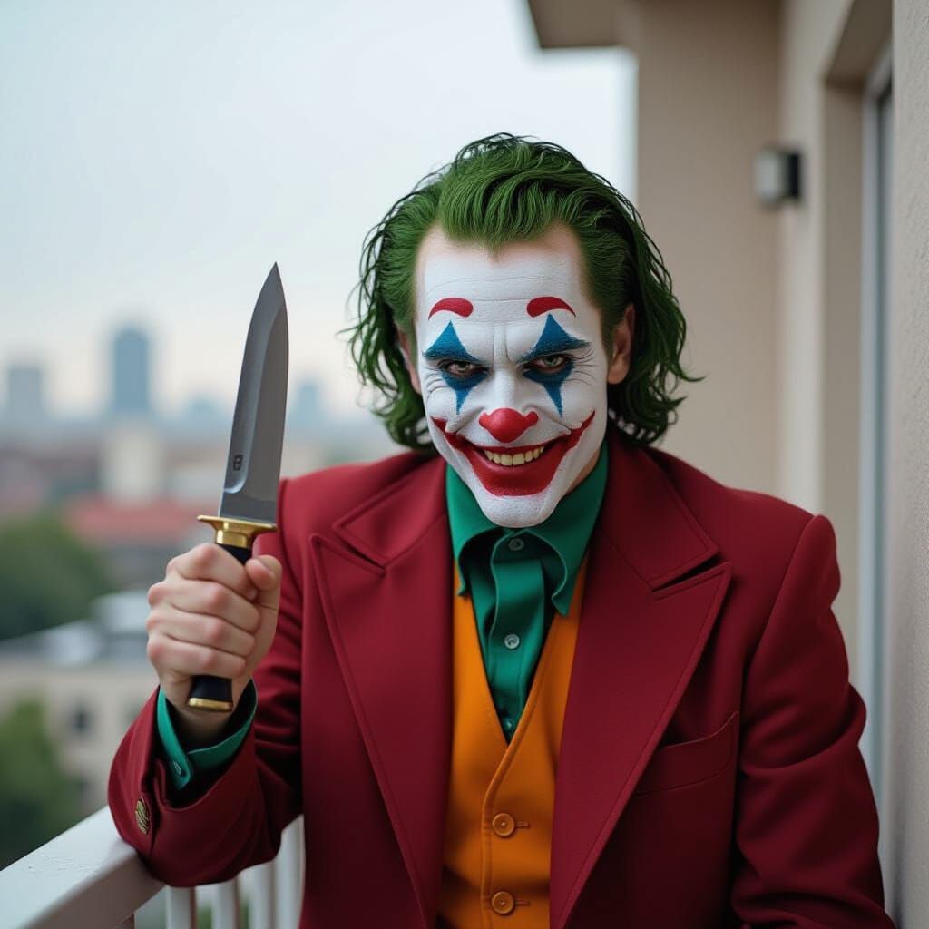 Green-Haired Joker with Knife in City Balconies