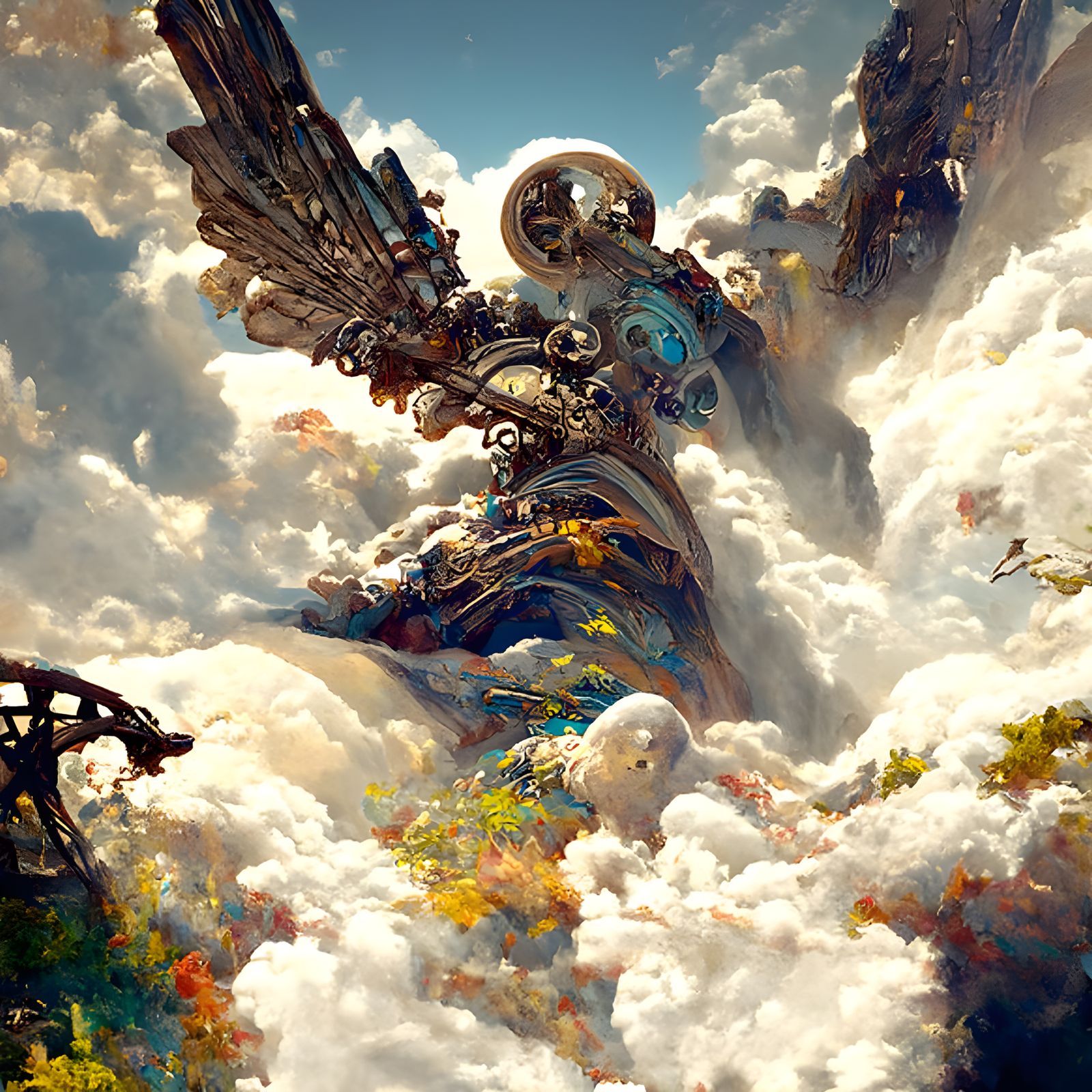 Clockwork Angel's Descent: Hyperrealistic Landscape Painting