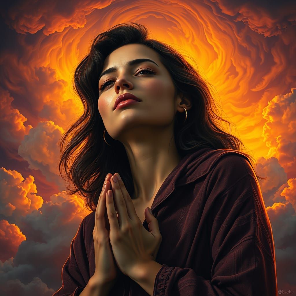 Contemplative Woman in Prayer with Dramatic Lighting
