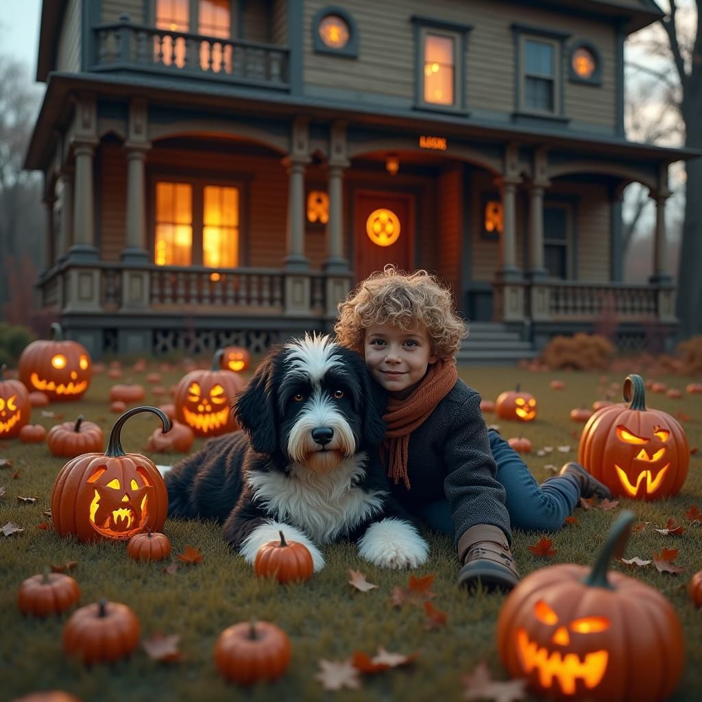 Boy and Bernedoodle in Halloween Fantasy Art