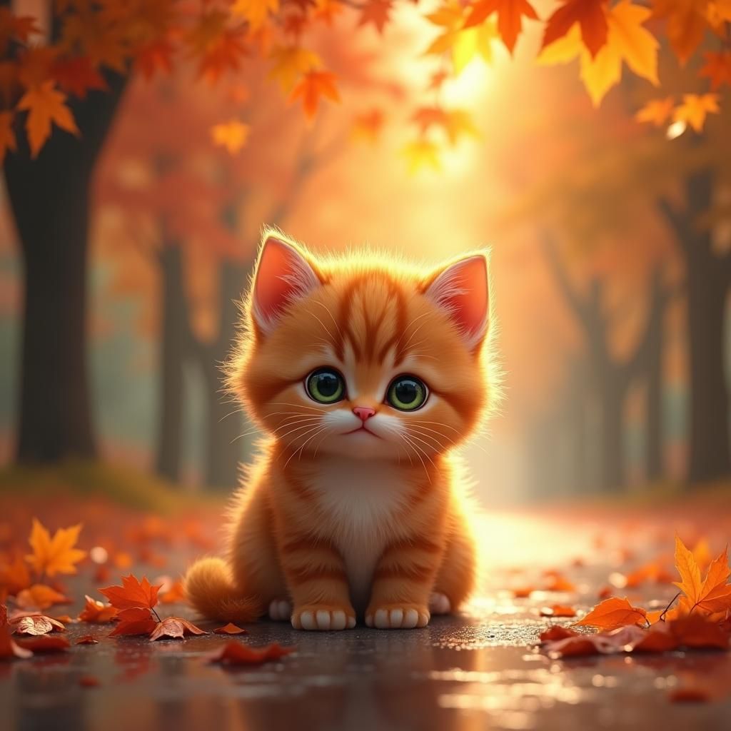 Ginger Kitten Under Autumn Maple Leaves