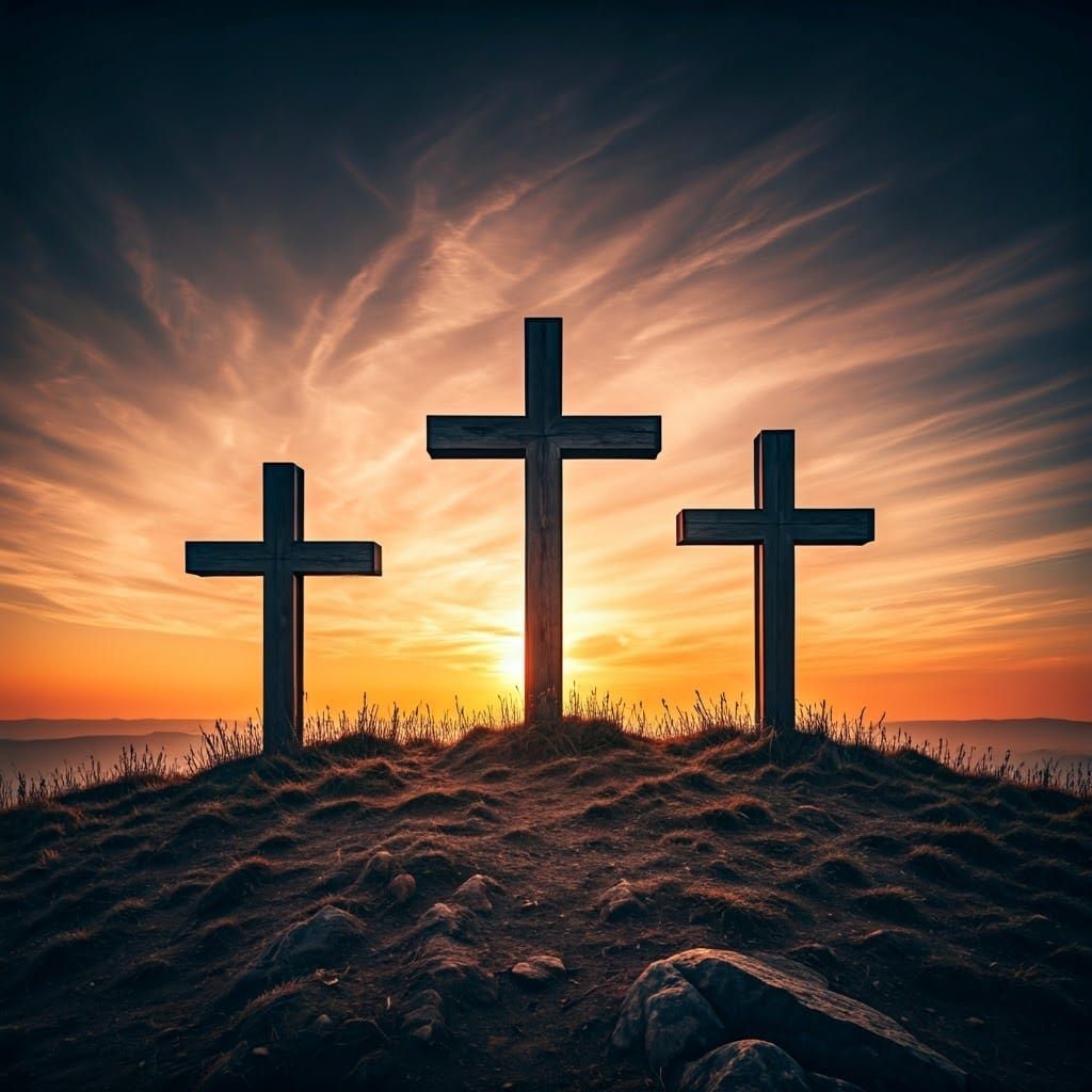 Three Crosses at Sunset in Golden Hour