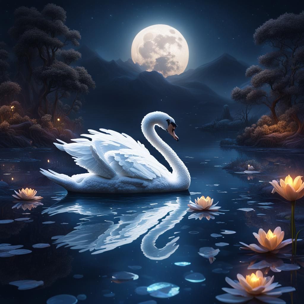 Crystal Swan Under Moonlight: Detailed Fantasy Art