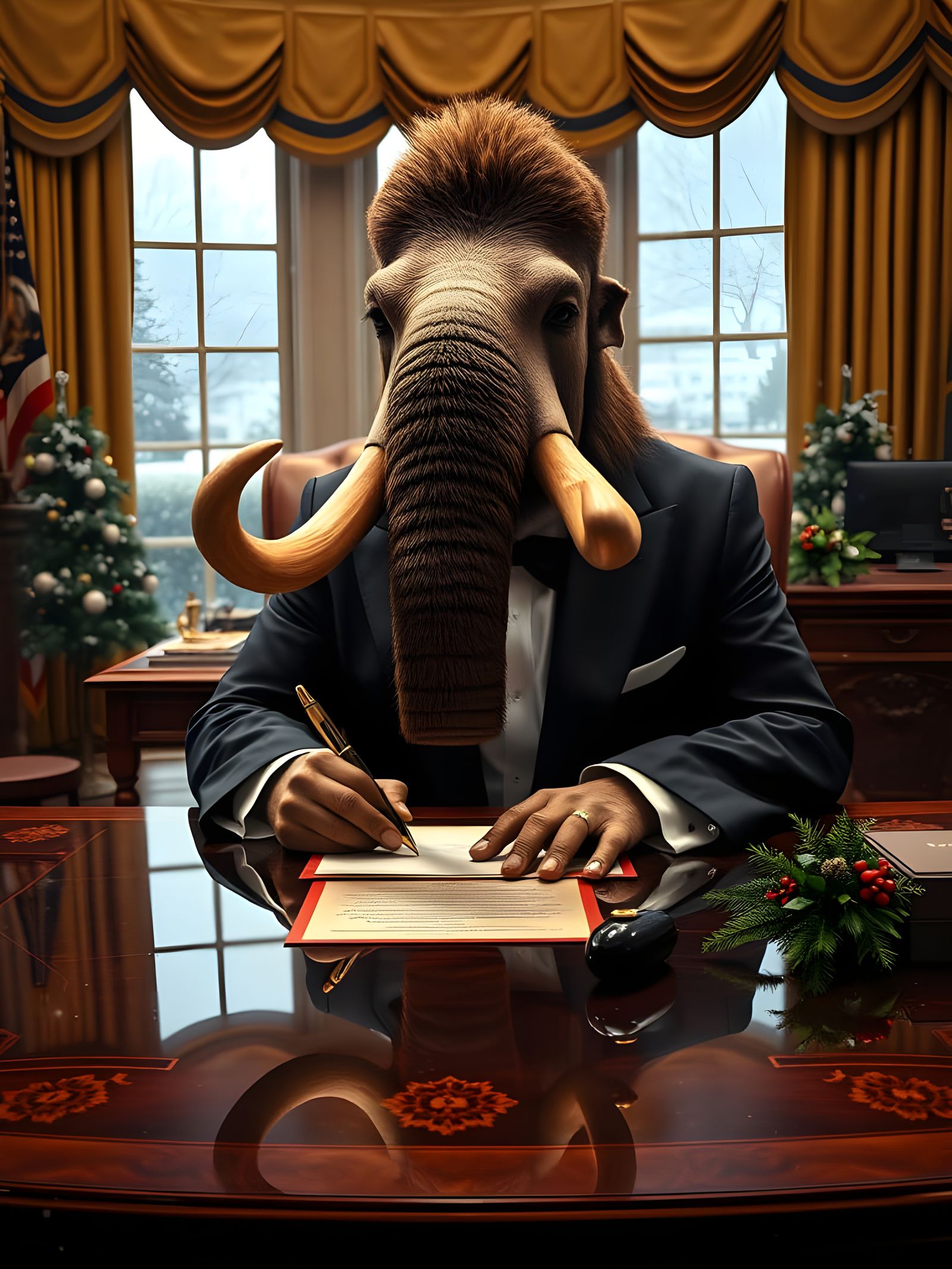 Elegant Wolly Mammoth in Presidential Tuxedo Attire
