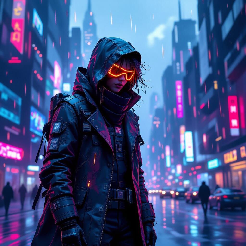 Neon Cityscape Figure in Cyberpunk Style