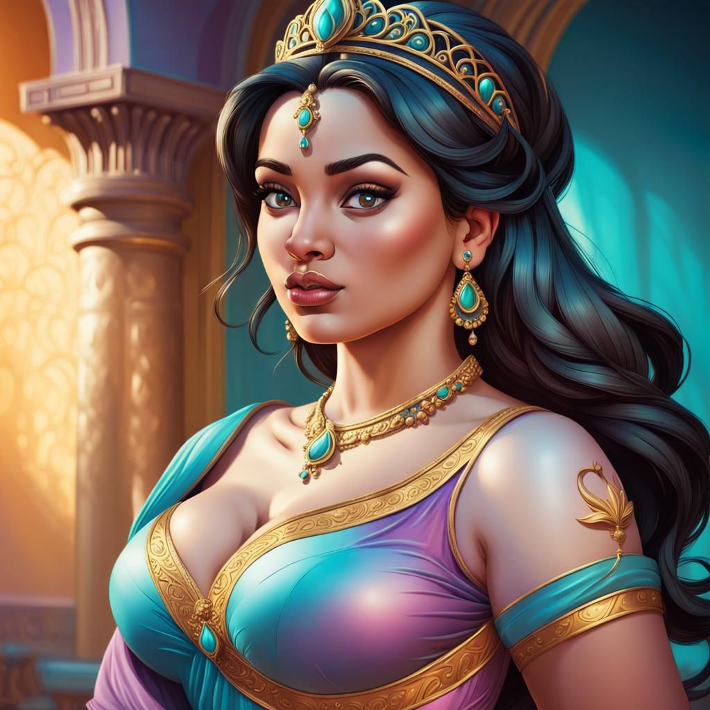 Realistic Plus Size Princess Jasmine in Splash Art Style