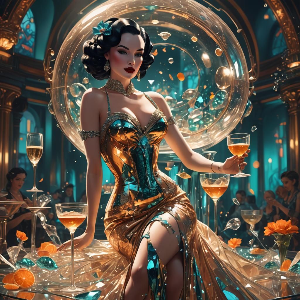 Burlesque Dancer in Champagne Glass, Art Nouveau Style