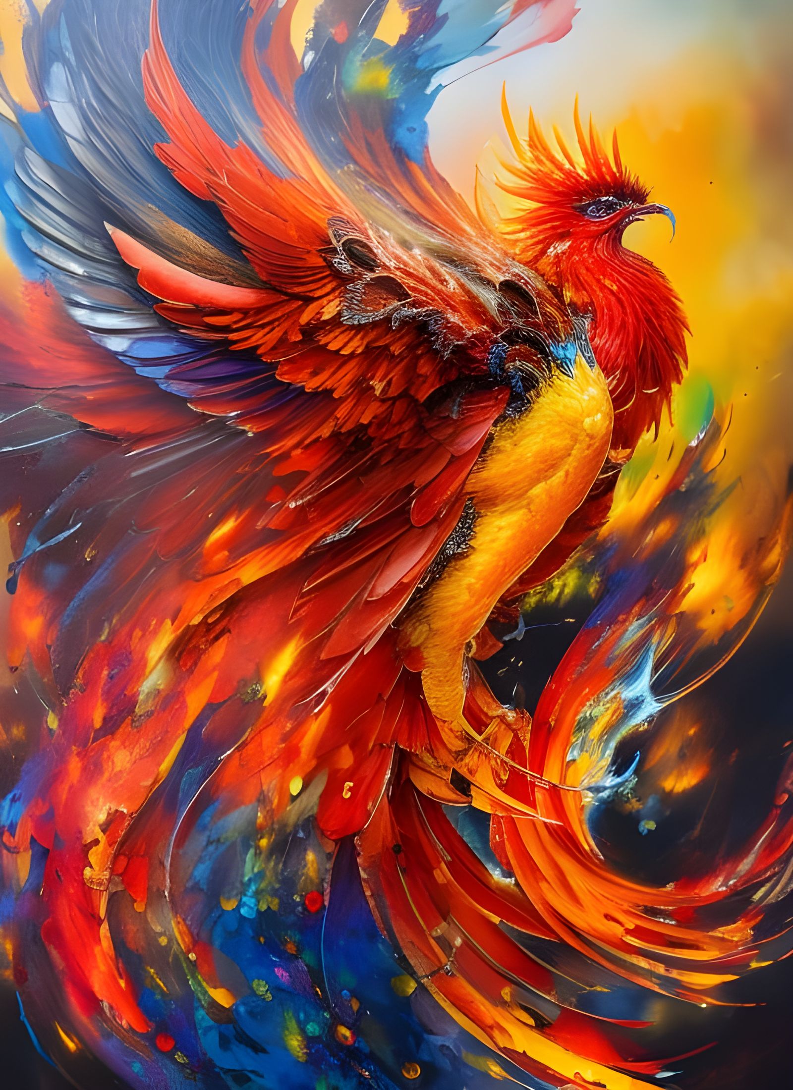 Detailed Fire Phoenix Bird in Gouache Illustration