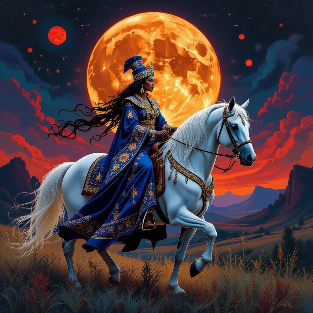 Voodoo Priestess Rides Silver Horse Under Red Moon
