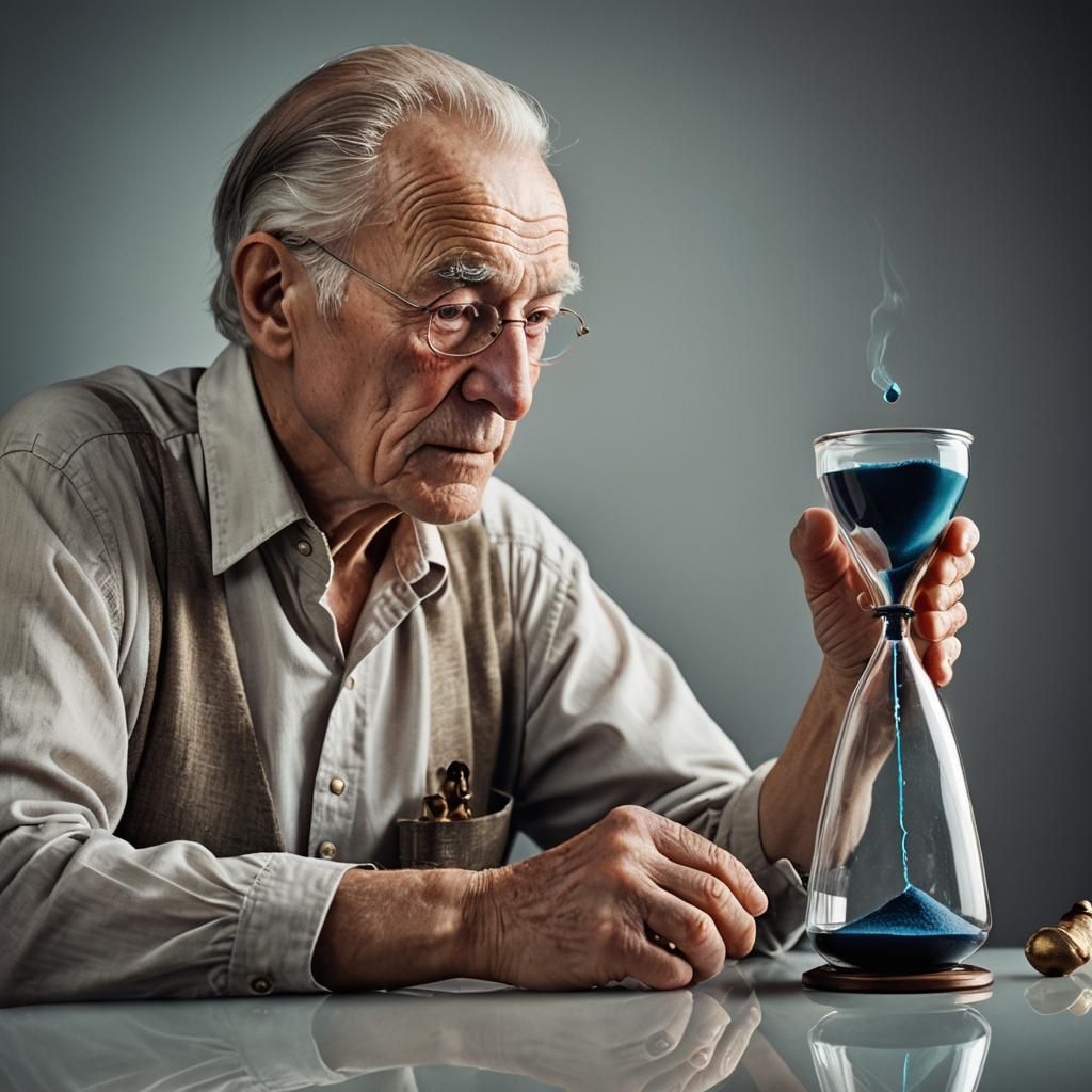 Elderly Man Touches Hourglass in High-Contrast Portrait
