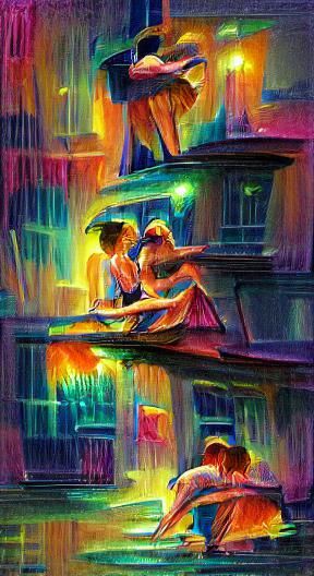 Couple Dancing in Neon Rain, Watercolour Style