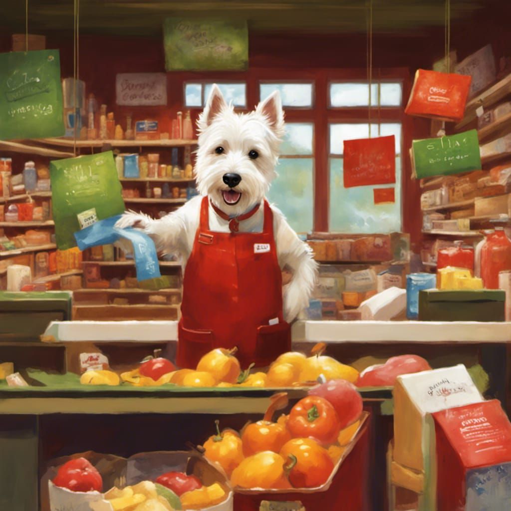 Kawaii Westie Terrier Cashier in Woodland Grocery Store