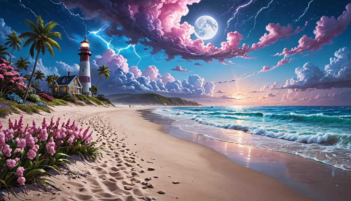 Cotton Candy Beach with Blue Lightning, Hyperrealistic Art
