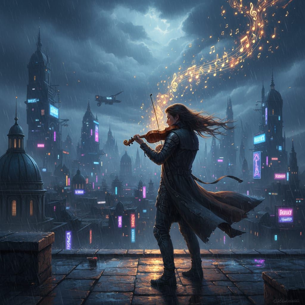 Violinist on Rooftop at Twilight with Glowing Notes