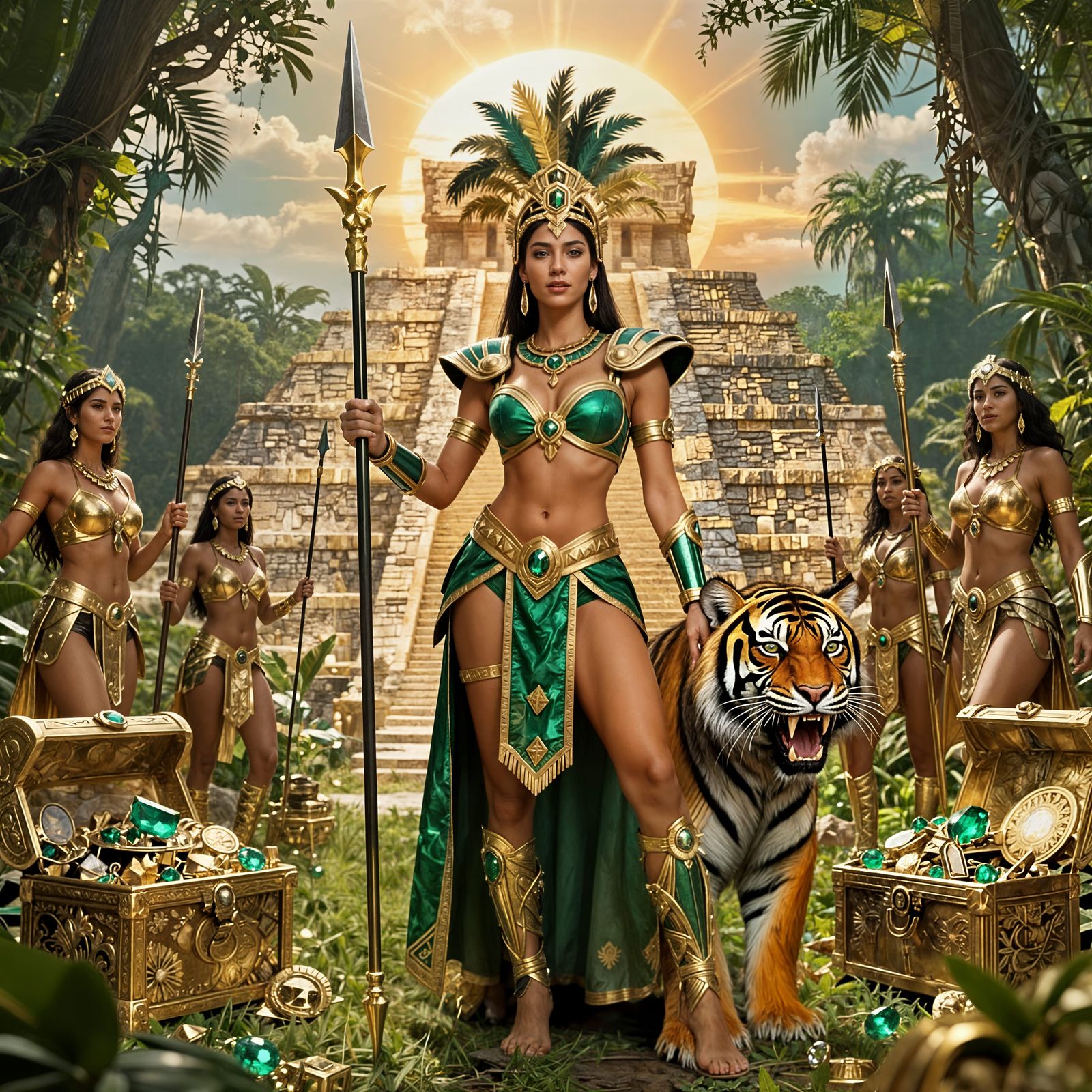 Amazon Queen with Panther Before Aztec Pyramid