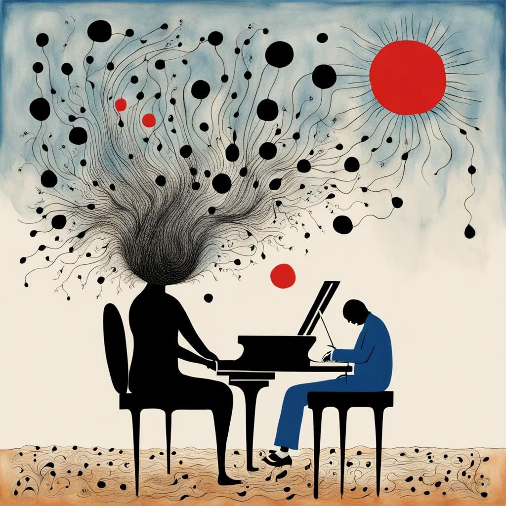 Surreal Underwater Piano Performance in Miró Style