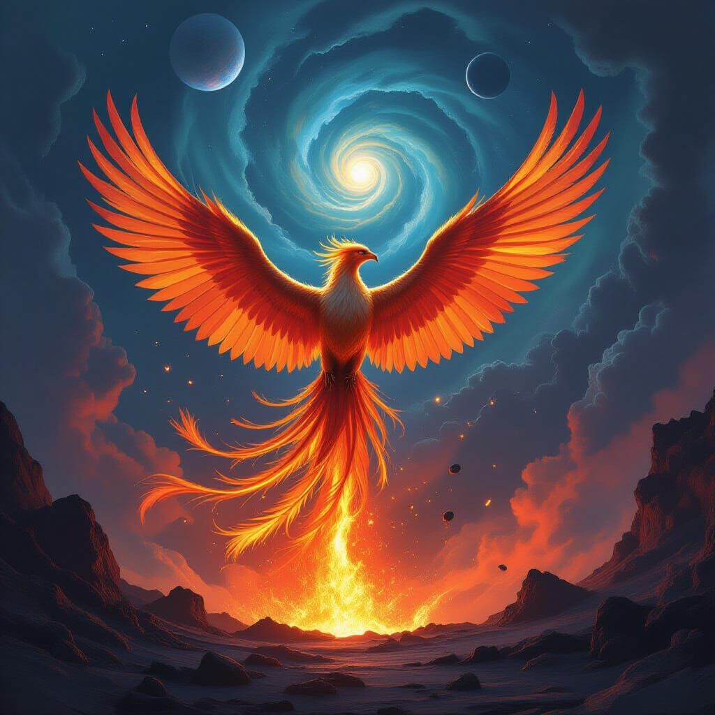 Majestic Phoenix Erupts from Volcano Under Cosmic Sky