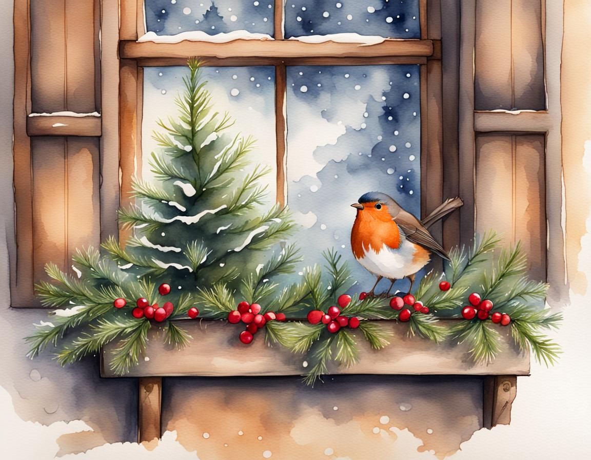 Christmas Tree and Robin Watercolor Illustration