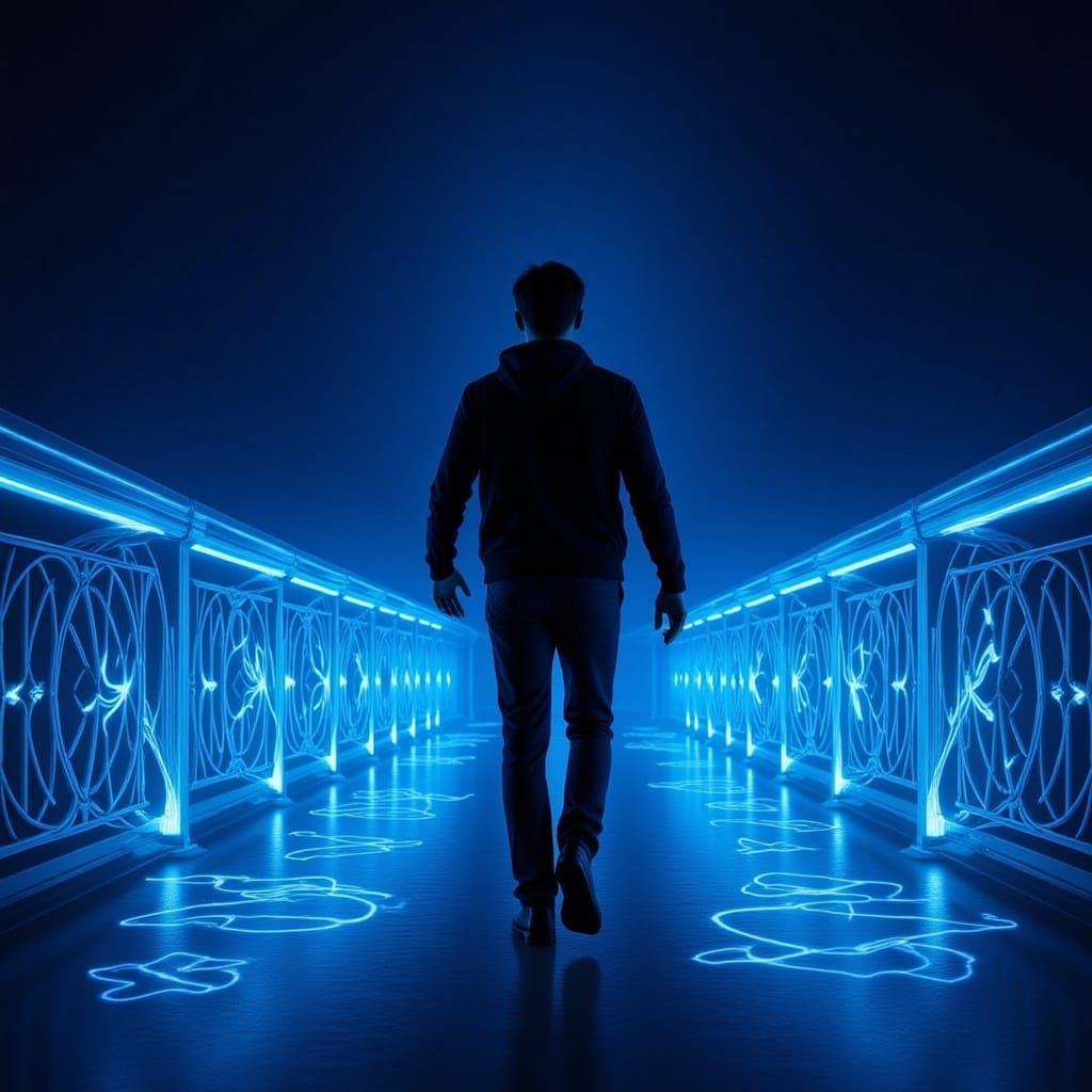 Ethereal Figure Walks Bridge of Shimmering Memories