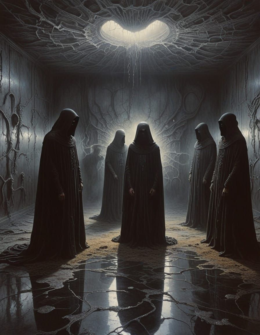 Faceless Entities Suspended in Eerie Fog