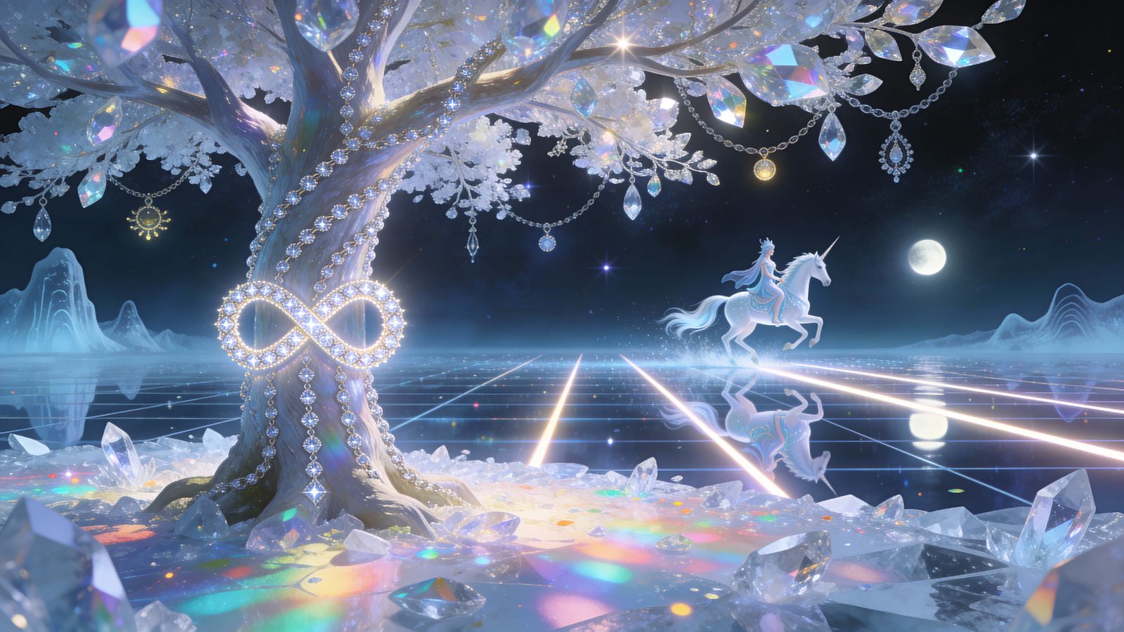 Radiant Tree Adorned With Diamonds in Celestial Night
