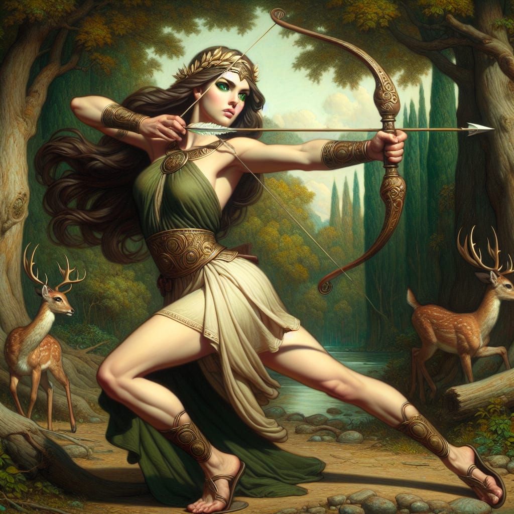 Goddess Diana: Arrow Release in Baroque Art Nouveau