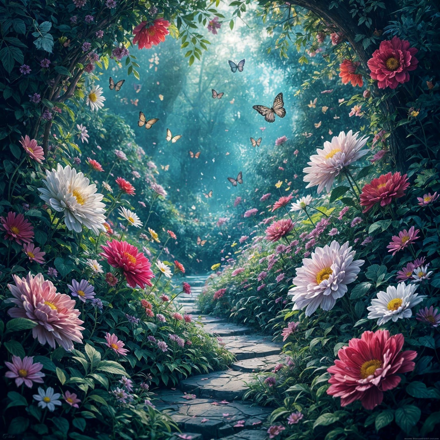 Vivid Magical Garden with Butterflies and Flowers