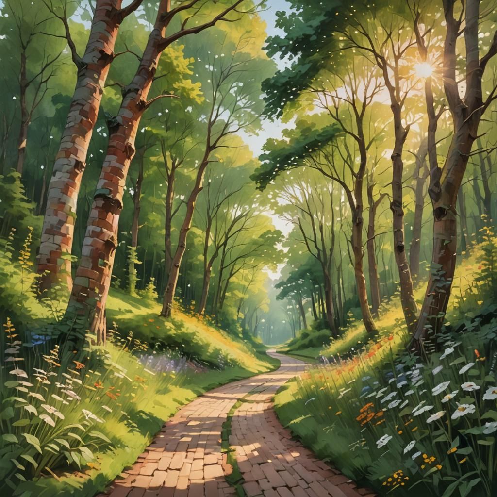 Winding Brick Road Through Forest Landscape Painting
