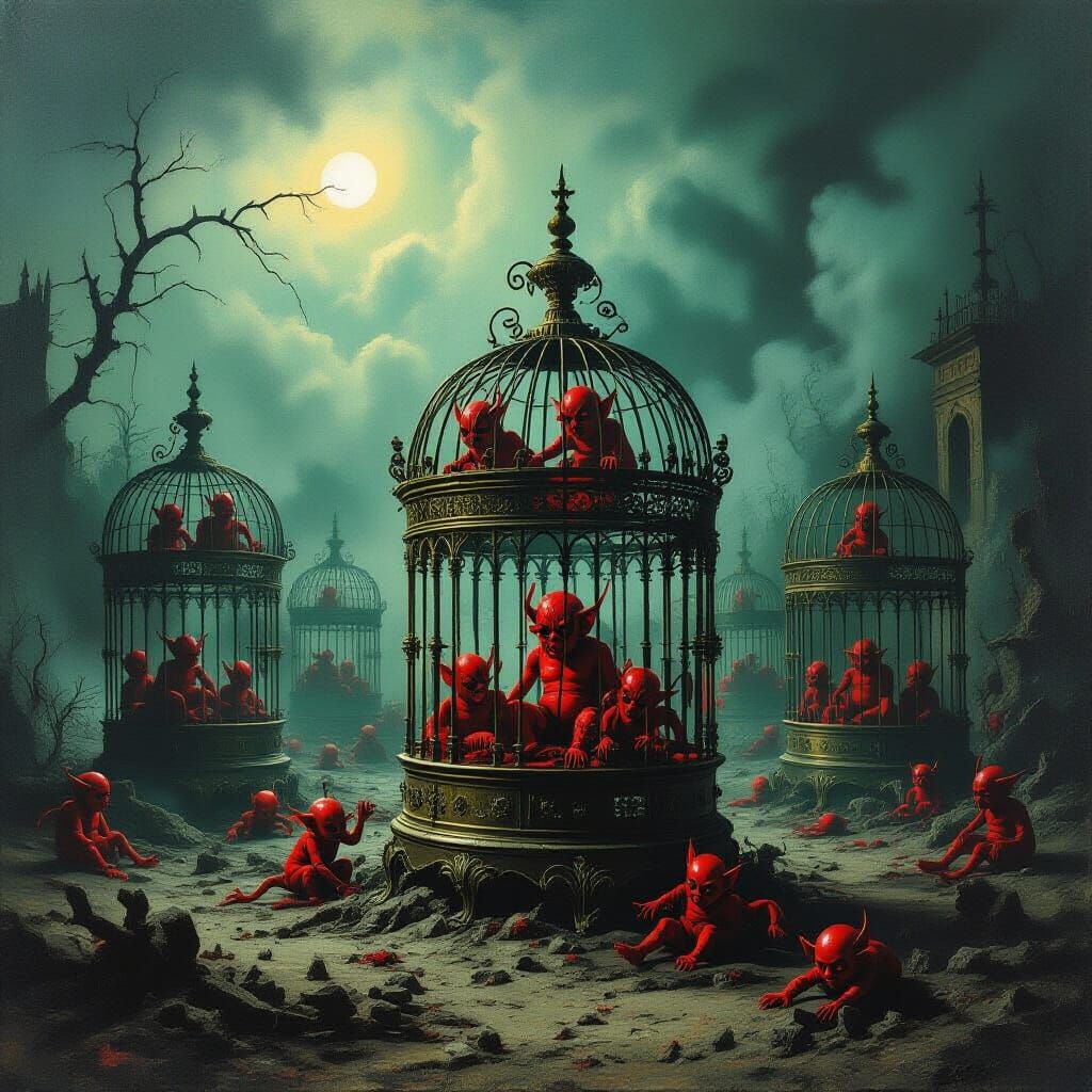 Nightmarish Birdcages of Demons in Goya-esque Style