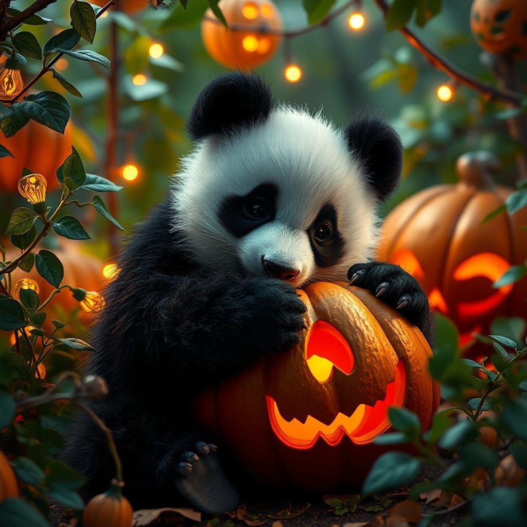 Baby Panda Bear with Halloween Pumpkin: Digital Matte Painti...