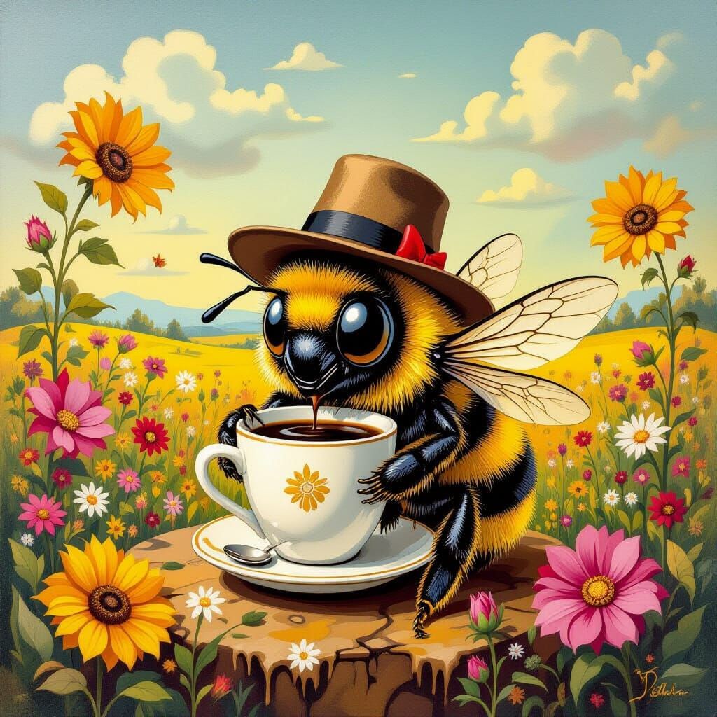 Sleepy Bumblebee in Surrealist Garden with Coffee