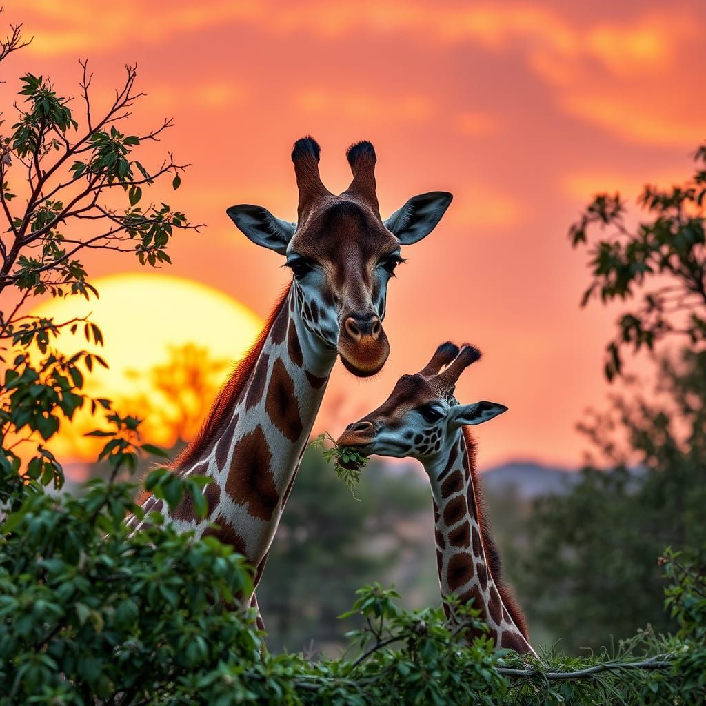 Mother and Baby Giraffe Feast on Sunset Leaves