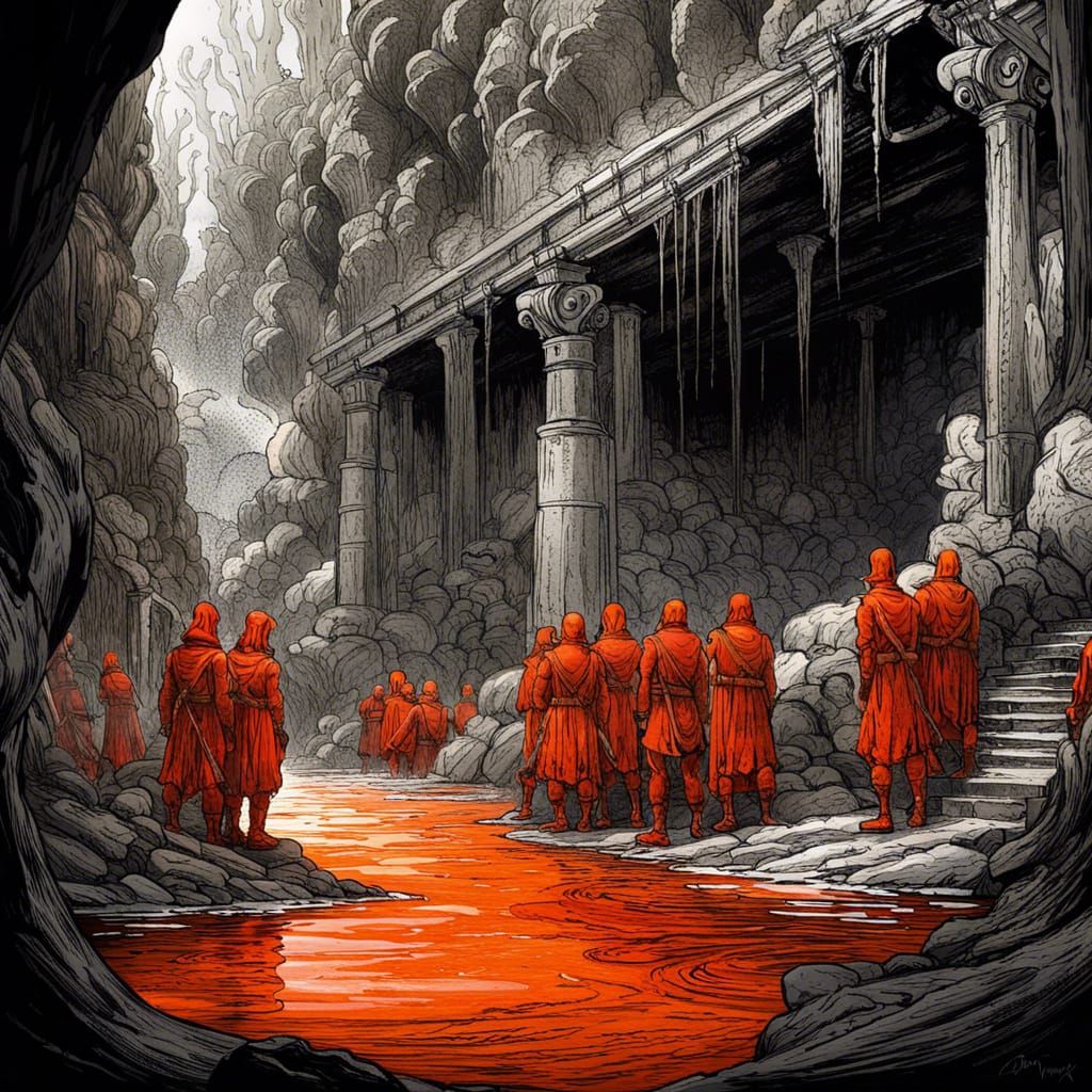 Greek Soldiers Wait for Charon in Dark Cave