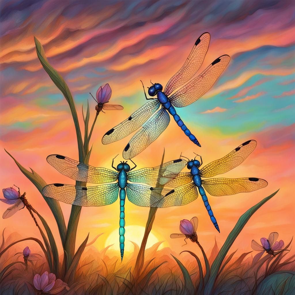 Dragonflies in Sunset: Hyperdetailed Fairycore Illustration