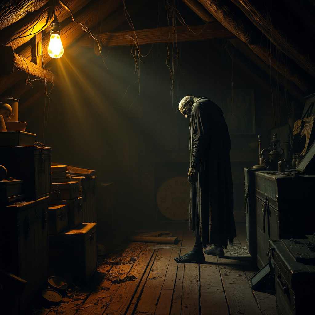 Eerie Attic Figure in Dim Light: Fantasy Concept Art