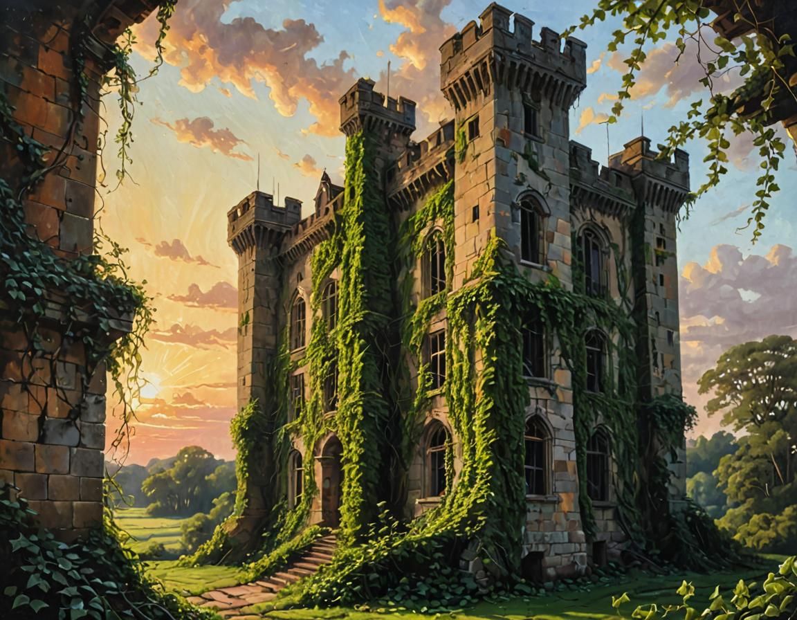 Abandoned Castle in Setting Sun: Moody Oil Painting