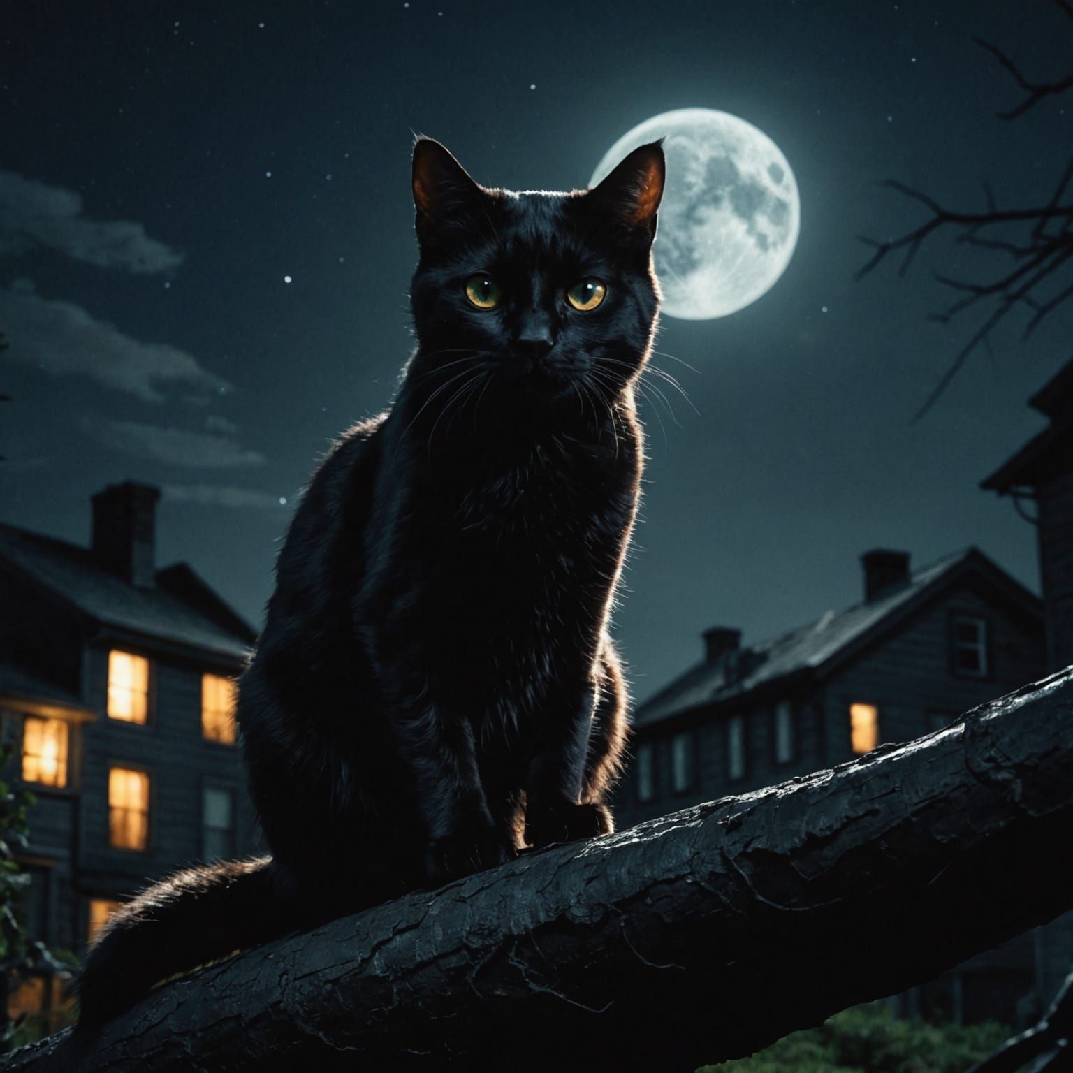 Black Cats and Moonlight Superstitions: Cinematic Film Still
