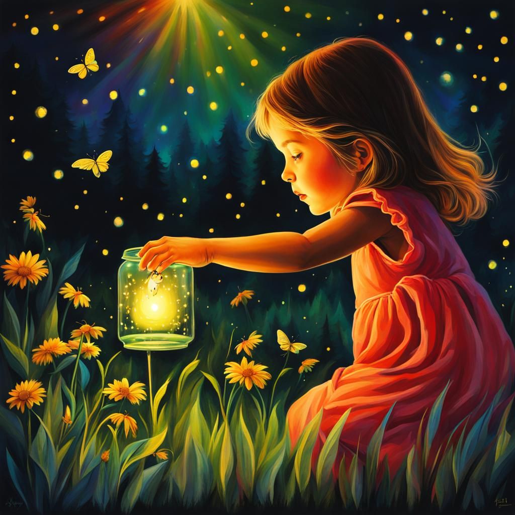 catching fireflies on a summer evening